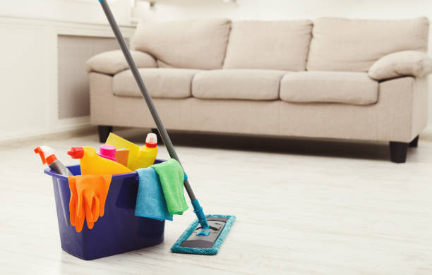 istock Bucket with sponges, chemicals bottles and mopping stick. 924853656