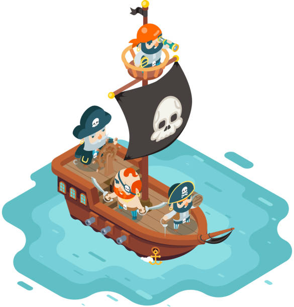 illustrazioni stock, clip art, cartoni animati e icone di tendenza di isometric pirate ship crew buccaneer ostruzionismo corsaro marinai marinai capitan fantasy rpg gioco del tesoro personaggio flat design illustrazione vettoriale - buccaneer