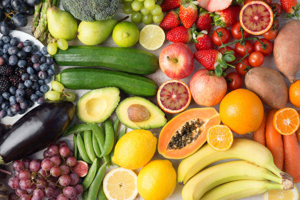 Rainbow fruits and vegetables, top view
