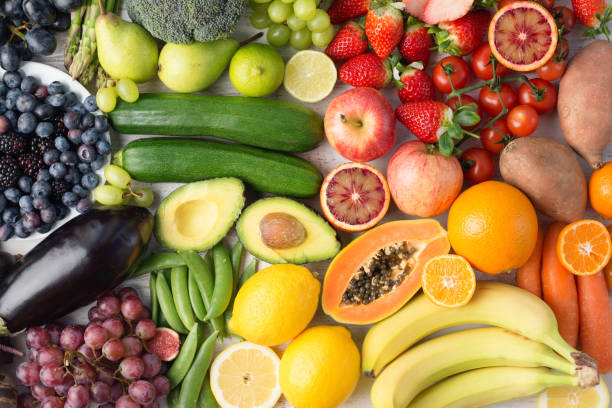 rainbow fruits and vegetables, top view - superfood avocado fruit vegetable imagens e fotografias de stock