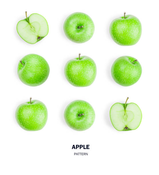 frutas manzana verde de patrones sin fisuras. aislado sobre fondo blanco. - apple granny smith apple green leaf fotografías e imágenes de stock