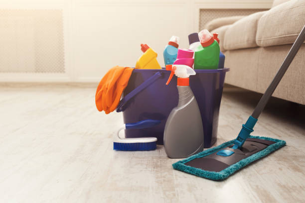 istock Bucket with chemicals bottles and mopping stick 924861292