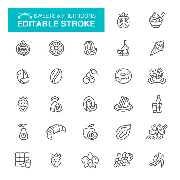 Sweets and Fruit Editable Stroke Icons Sweets, Fruit, Candy, Chocolate, Editable Stroke Icon Set vanilla ice cream stock illustrations