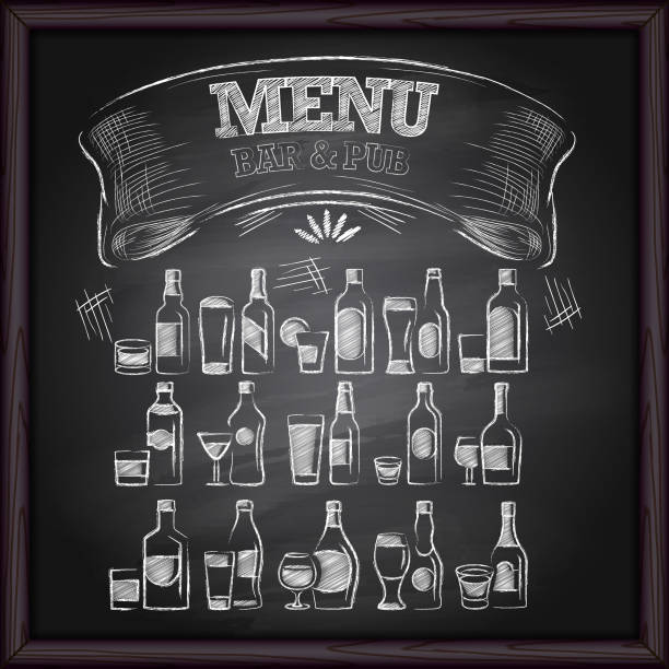 ilustraciones, imágenes clip art, dibujos animados e iconos de stock de menú de cerveza alcohol en pizarra - wine bar beer bottle beer