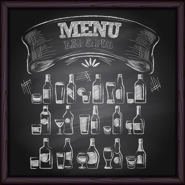 ilustrações de stock, clip art, desenhos animados e ícones de alcohol beer menu on chalkboard - wine bar beer bottle beer