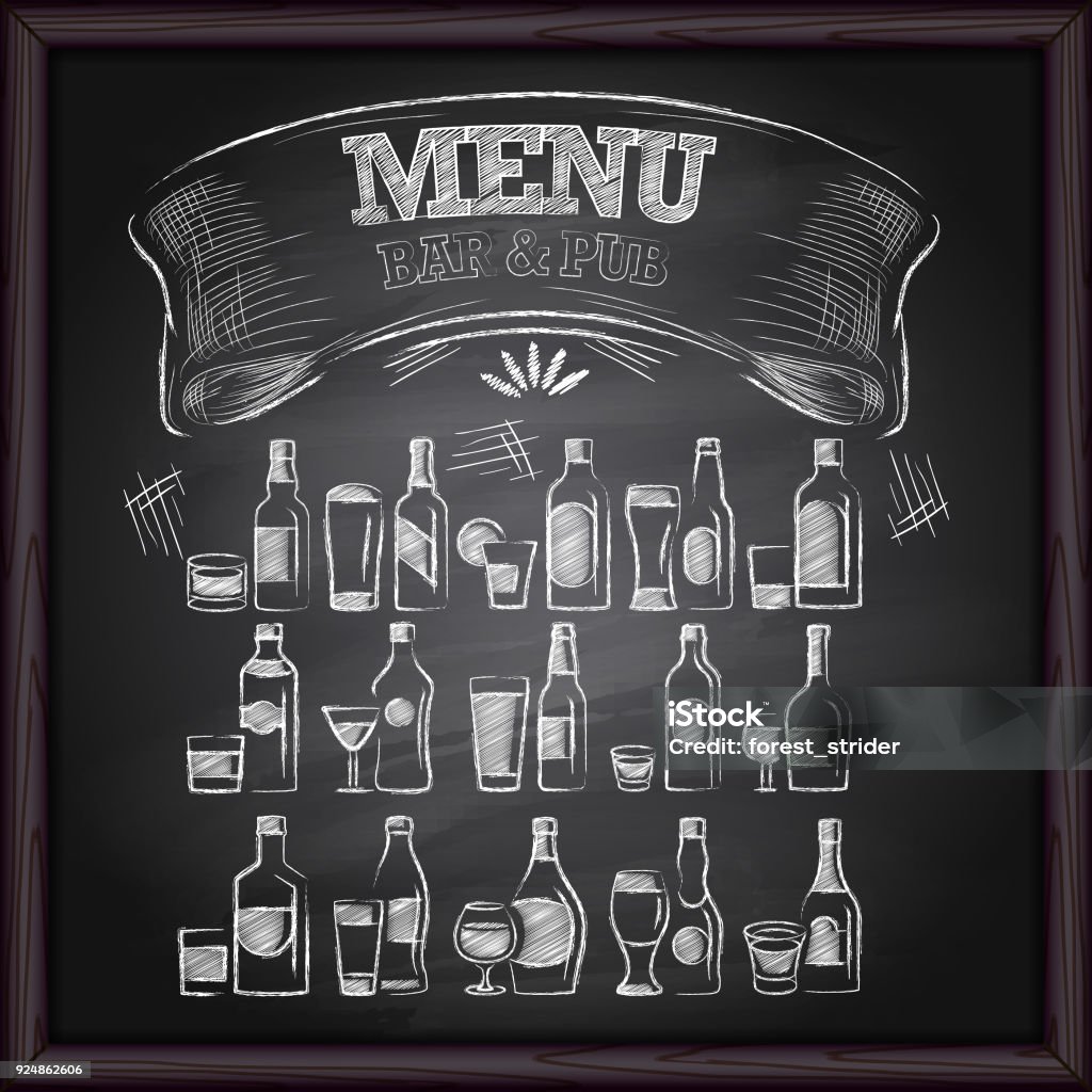 Alcohol Beer Menu on Chalkboard Beer Menu Pub & Bar on Blackboard Chalk - Art Equipment stock vector