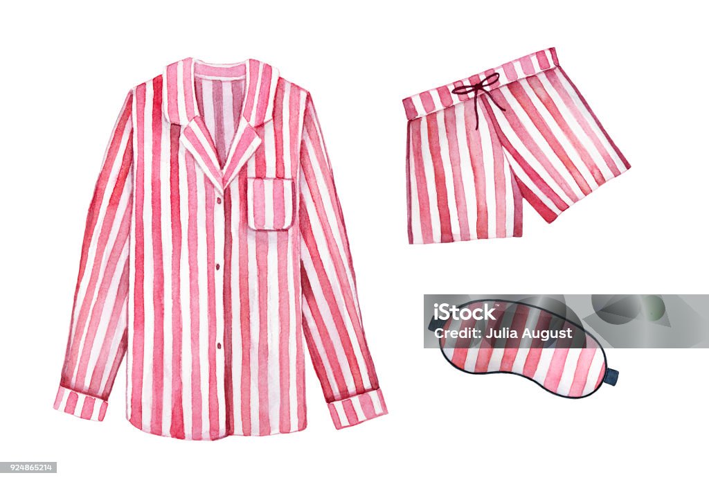 Pajamas sleeping outfit kit. Classic textile stripes, cherry color. Good morning, sleepy dress, stay in bed illustration. Hand drawn watercolour graphic drawing on white background, isolated clipart. Pajamas stock illustration