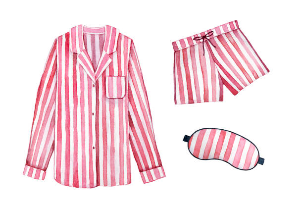 Pajamas sleeping outfit kit. Classic textile stripes, cherry color. Good morning, sleepy dress, stay in bed illustration. Hand drawn watercolour graphic drawing on white background, isolated clipart. pajamas illustrations stock illustrations