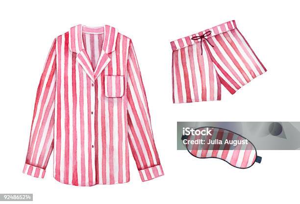 Pajamas Sleeping Outfit Kit Classic Textile Stripes Cherry Color Stock Illustration - Download Image Now