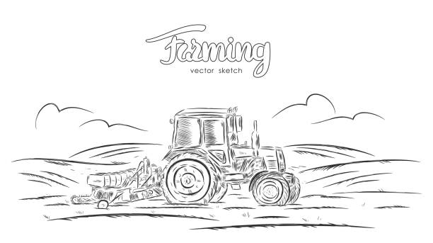Vector illustration: Hand drawn sketch with tractor on field Vector illustration: Hand drawn sketch with tractor on field. farmer drawings stock illustrations