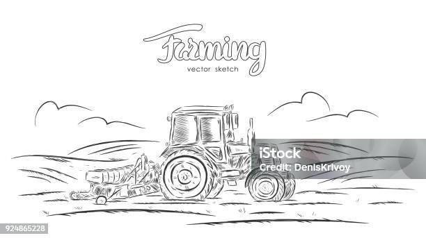 Vector Illustration Hand Drawn Sketch With Tractor On Field Stock Illustration - Download Image Now