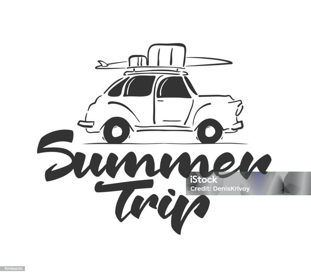 Hand drawn travel retro car with baggage and surfboard on the roof. Handwritten lettering of Summer Trip. Vector illustration: Hand drawn travel retro car with baggage and surfboard on the roof. Handwritten lettering of Summer Trip. Sketch line design. Car stock vector