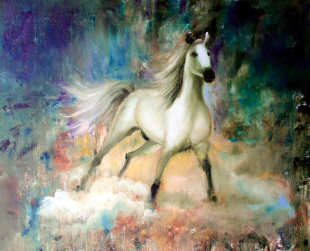 istock Handwork oilr illustration. 
White horse on a mystical abstract background 924866650