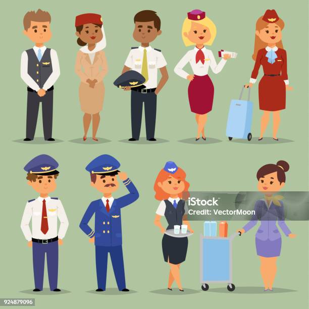 Officers Flight Pilots Flight Attendants Vector People Stewardesses And Pilots Flight Attendants Isolated Pilot And Air Hostess Flight Attendant Flight Captain Professional Male And Femail Stock Illustration - Download Image Now