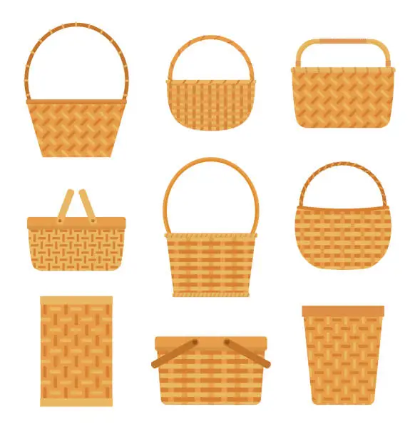 Vector illustration of Collection of empty baskets, isolated on white background.