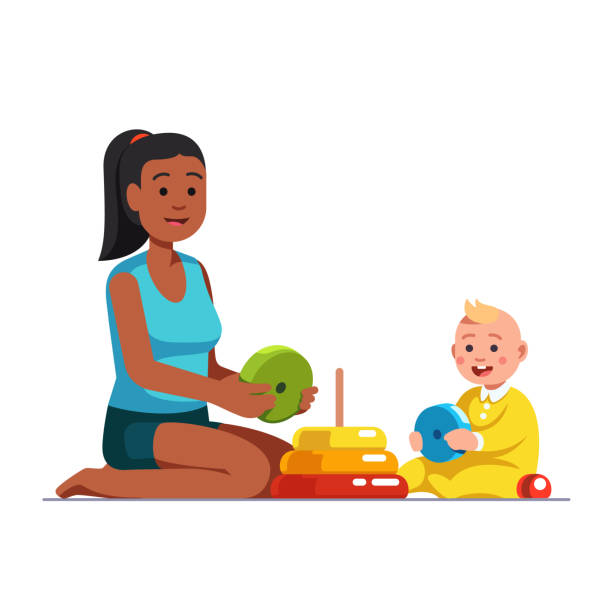 Afro American babysitter playing with baby boy Afro American babysitter or stepsister playing educational game together with baby boy, building stack up ring pyramid toy. Multi-ethnic family mom and toddler son. Flat vector isolated illustration. baby play stock illustrations