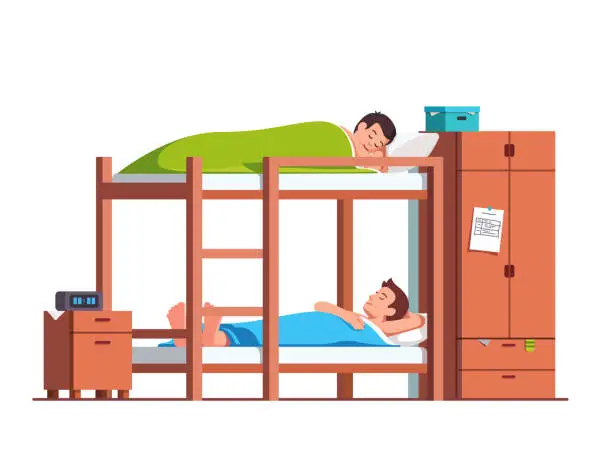 Vector illustration of Students friends sleeping on bunk bed in dorm room