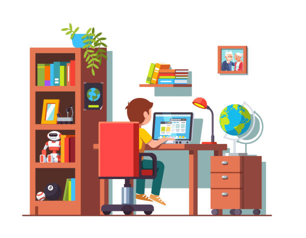 Student boy sitting at desk, doing school homework Student boy sitting at home office desk, doing school homework, surfing internet on laptop computer. Kids room interior with chair, table, bookcase, books, toys. Flat vector isolated illustration. kid doing homework clip art stock illustrations