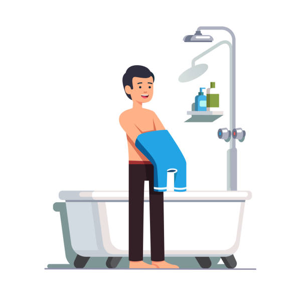 입욕 전에 그의 셔츠를 연기 하는 남자 - men naked shower bathroom stock illustrations