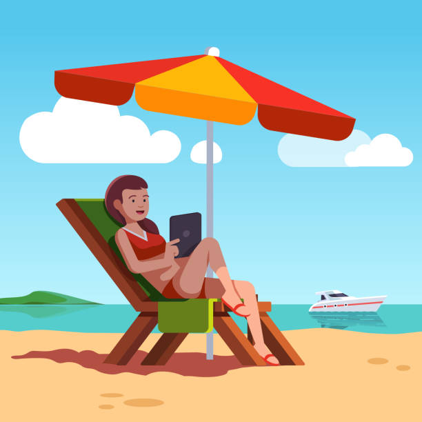 ilustrações, clipart, desenhos animados e ícones de mulher de maiô, deitado na espreguiçadeira na praia do oceano - chair beach chaise longue isolated