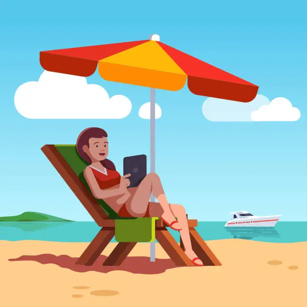 Vector illustration of Woman in swimsuit lying on lounger at ocean beach