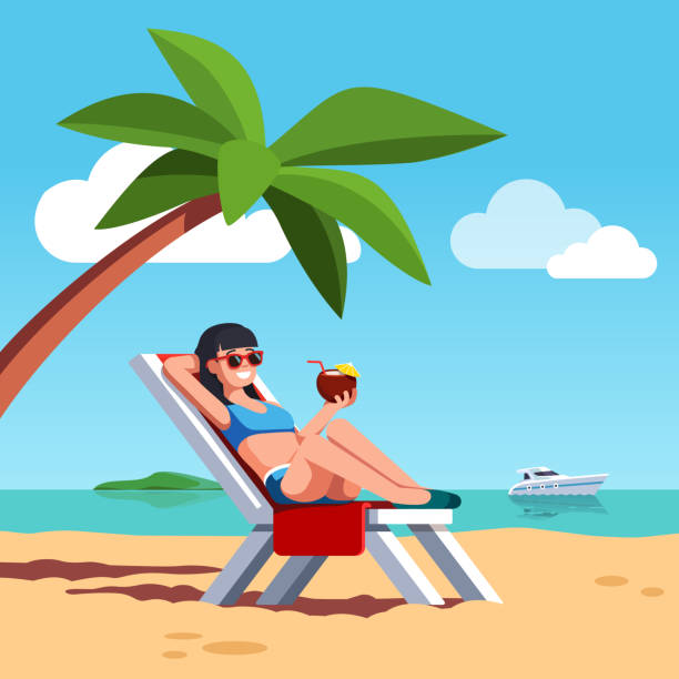 Woman in swimsuit sunbathing at sea beach Woman in swimsuit sunbathing lying on lounger at sea or ocean beach. Beautiful girl drinking coconut cocktail relaxing under palm tree. Summer holiday or luxury vacation. Flat vector illustration. beach holidays stock illustrations