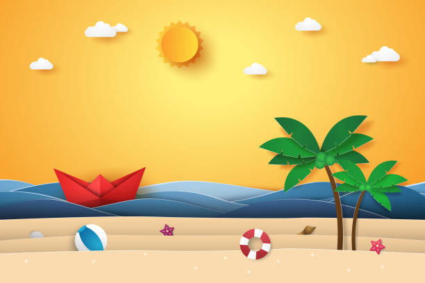 Summer time , sea with origami boat , beach and coconut tree , paper art style Summer time , sea with origami boat , beach and coconut tree , paper art style beach vector coconut palm tree stock illustrations