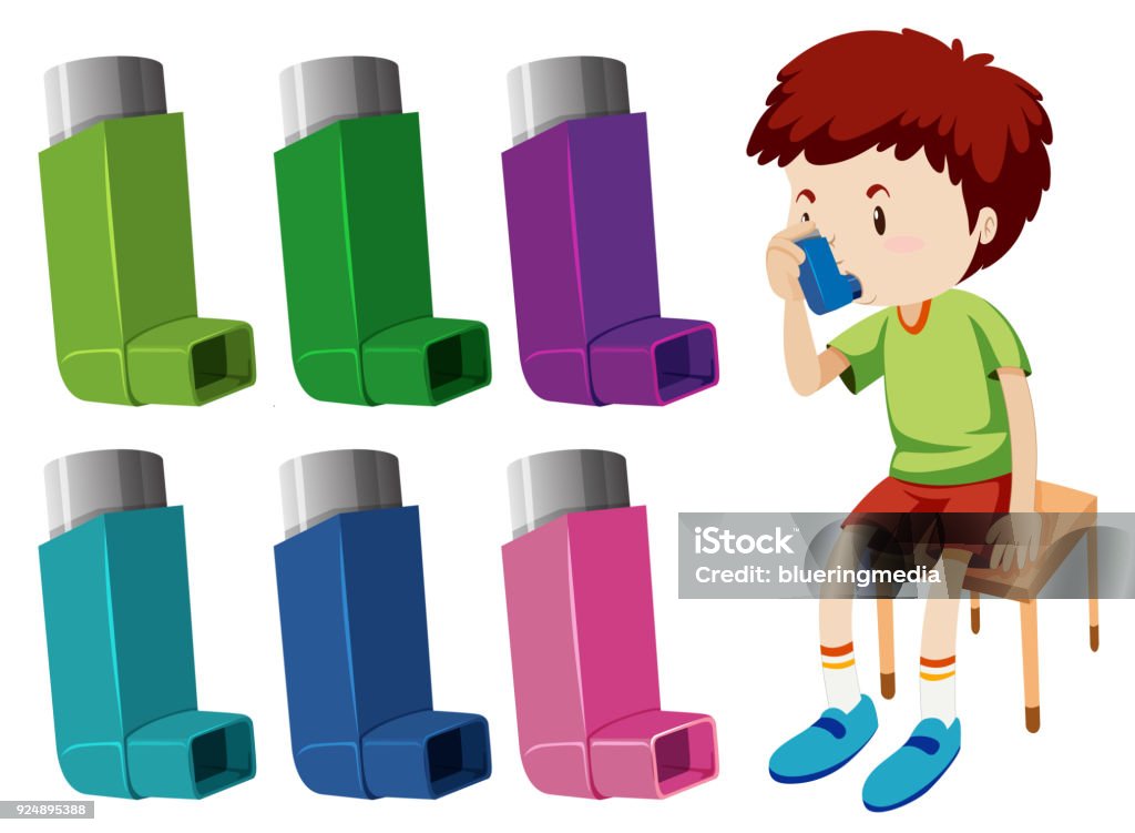 Boy with asthma with different asthma inhalers Boy with asthma with different asthma inhalers illustration Inhaling stock vector