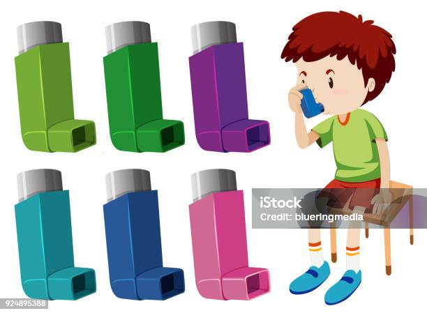 Boy With Asthma With Different Asthma Inhalers Stock Illustration - Download Image Now - Inhaling, Asthmatic, Childhood