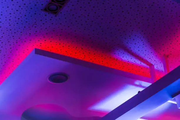 Photo of bar ceiling discoEmpty Night Club Lit by Colored