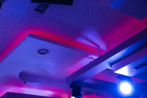 Photo of bar ceiling discoEmpty Night Club Lit by Colored