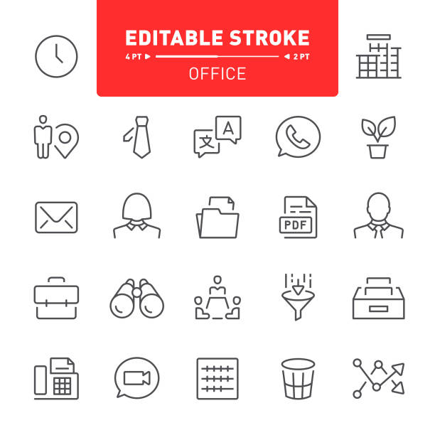 Office Icons Office, business, icon, editable stroke, outline, icon set, finance, clock, folder file clerk stock illustrations