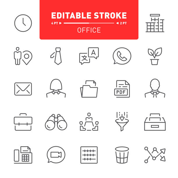 Office Icons Office, business, icon, editable stroke, outline, icon set, finance, clock, folder mail clerk stock illustrations
