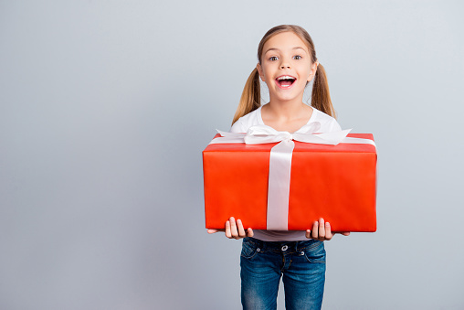 Mother's day fashion beauty leisure face growing-up sale discount relationship concept. Astonished amazed wondered lovely with ponytails sweet girl holding huge wrapped box isolated on gray background