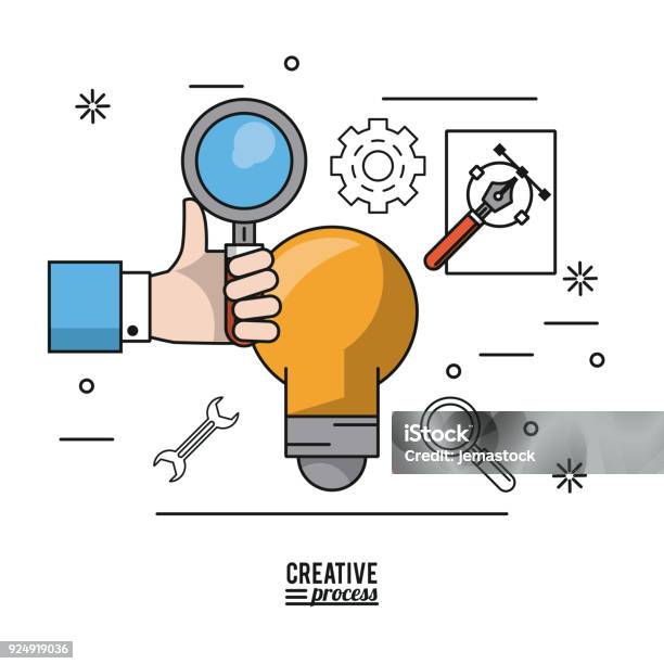 Creative Method Magnify Colorful Poster Creative Process Of Hand With Magnifying Glass Over ...