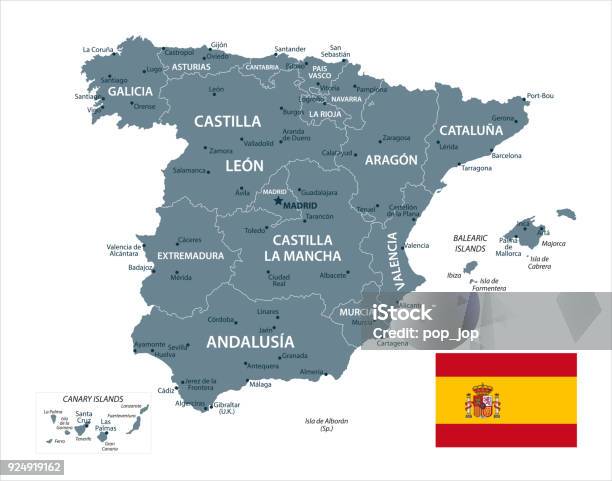 Карта Испании Вектор — стоковая векторная графика и другие изображения на тему Испания - Испания, Карта, Флаг