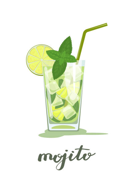 Glass of mojito cocktail Glass of mojito cocktail with mint and straw and handwriting Mojito. Vector illustration isolated on white background mojito stock illustrations