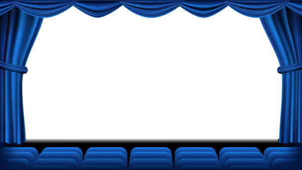 illustrazioni stock, clip art, cartoni animati e icone di tendenza di auditorium con vettore posti a sedere. tenda blu. teatro, cinema e sedili. palco e sedie. tenda blu. teatro. illustrazione realistica - stage theater theatrical performance curtain seat