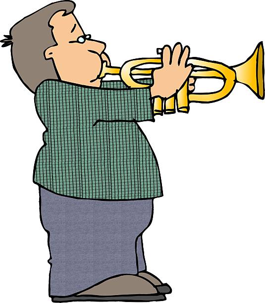 ilustraciones, imágenes clip art, dibujos animados e iconos de stock de niño tocando una trompeta - trumpet blowing cornet caricature
