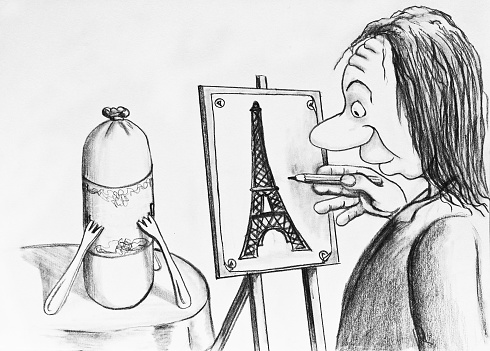 The artist looks at the sausage and paints the Eiffel tower.