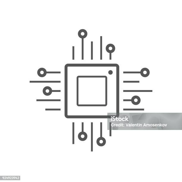 Microchip Line Icon Cpu Central Processing Unit Computer Processor Chip Symbol In Circle Simple Round Icon Isolated On Black Background Creative Modern Vector Logo Stock Illustration - Download Image Now