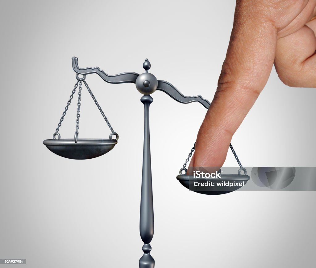 Tip The Scales Tip the scales of justice concept as a the finger of a person illegaly influencing the legal system for an unfair advantage with 3D illustration elements. Unfairness Stock Photo