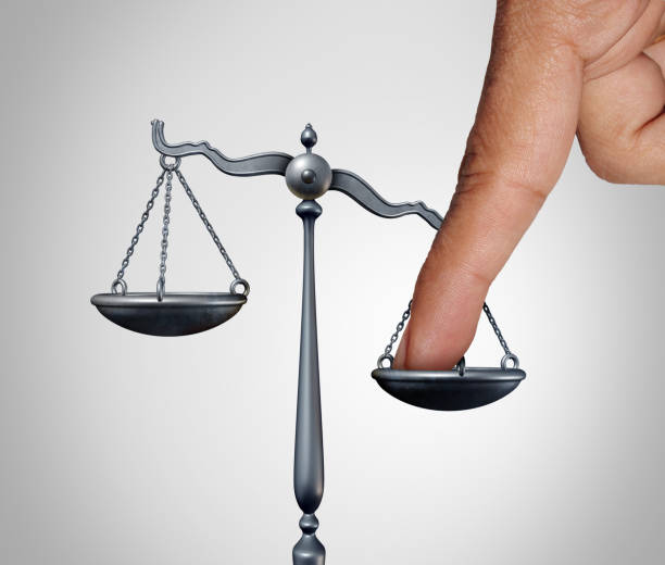 Tip The Scales Tip the scales of justice concept as a the finger of a person illegaly influencing the legal system for an unfair advantage with 3D illustration elements. unfairness photos stock pictures, royalty-free photos & images