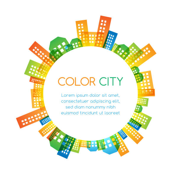Cityscape colorful decorations. Cityscape colorful decorations. Round banner cityscape borders stock illustrations
