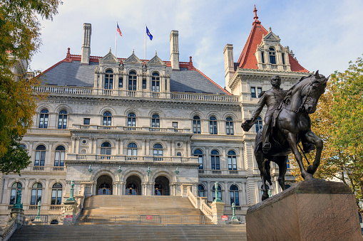 Union General Philip Sheridan stands guard at the front of the Albany NY State House.