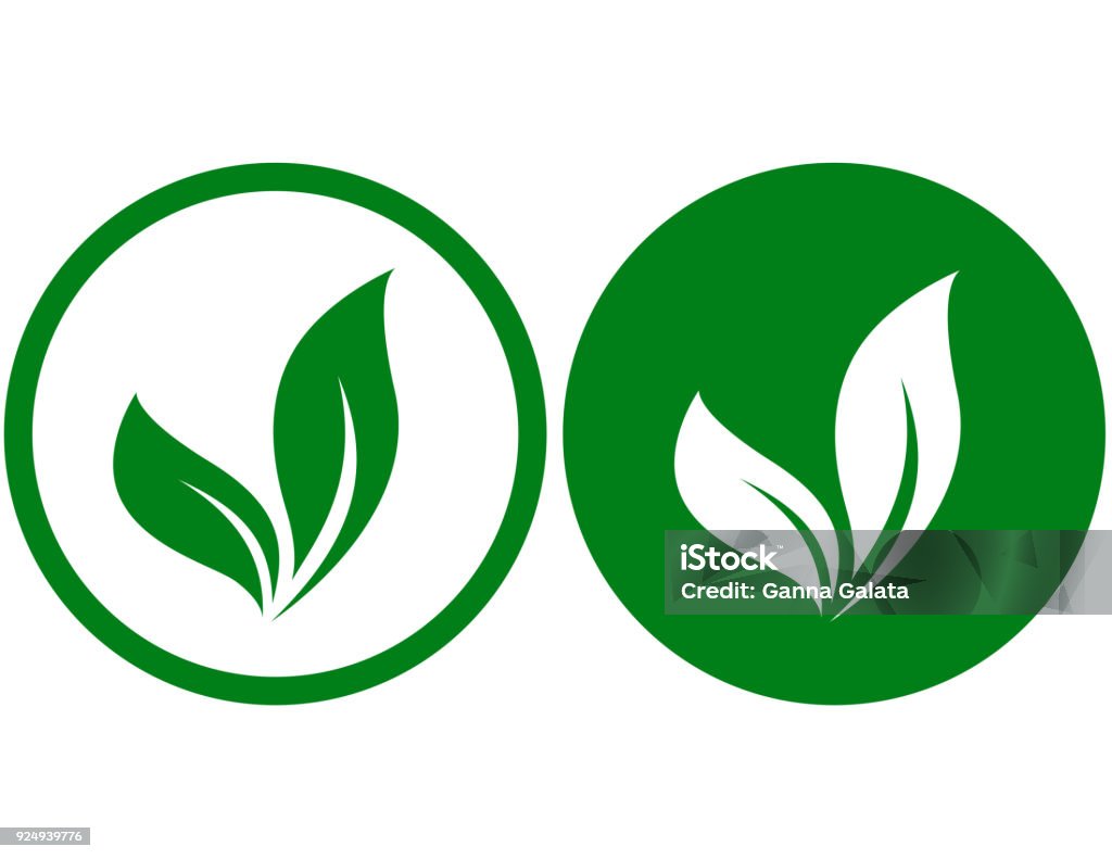 two icons with leaves two organic icons with green leaves silhouettes Vegetarian Food stock vector