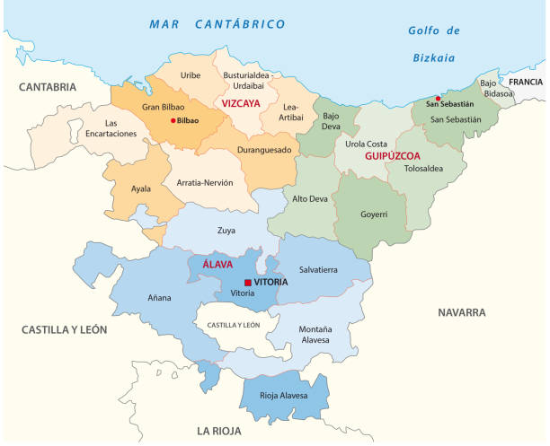 ilustraciones, imágenes clip art, dibujos animados e iconos de stock de mapa administrativo de vasco en la lengua española - bilbao