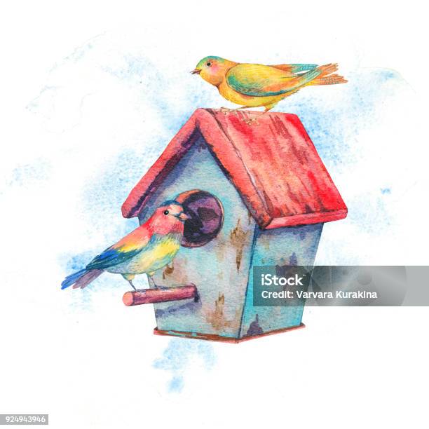 Watercolor Illustration With Birdhouse And Pair Of Birds Stock Illustration - Download Image Now