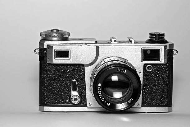 Old range-finder soviet camera (front view) stock photo