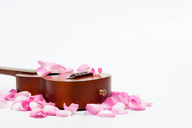 istock Ukulele with petals of pink rose on white background 924946922